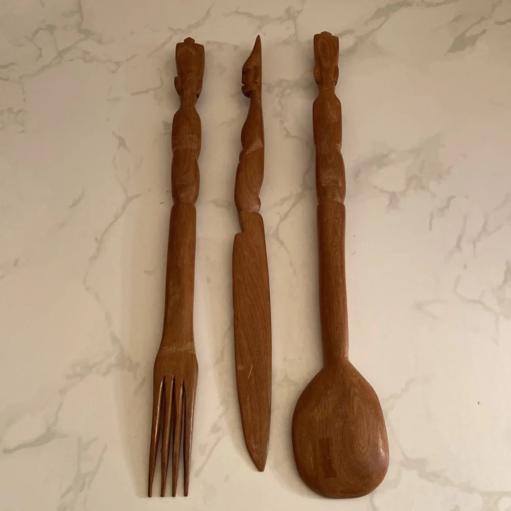 Vintage Wooden Hand Carved Utensils 80's Tribal Decor Kitchen Collectible Wood